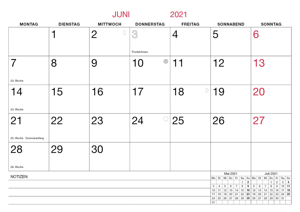 Monatsterminkalender 2021