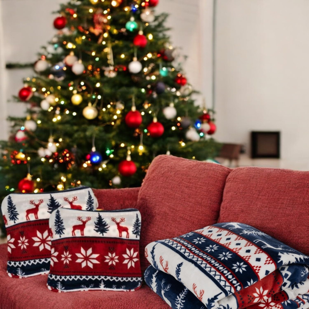 Winterliche Kuscheldecke mit Rentiermotiv + 2 Kissenbezüge