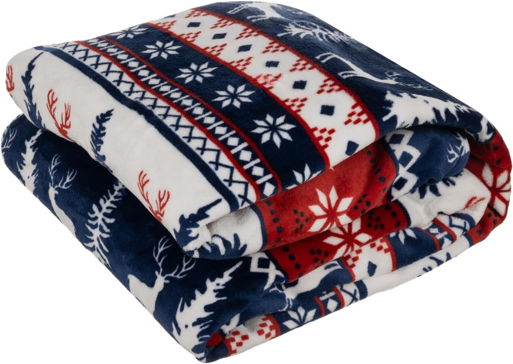 Winterliche Kuscheldecke mit Rentiermotiv + 2 Kissenbezüge