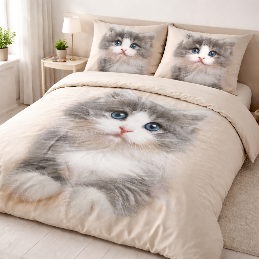 Doppelset Renforce-Bettwäsche Kuschelkatze 135x200cm