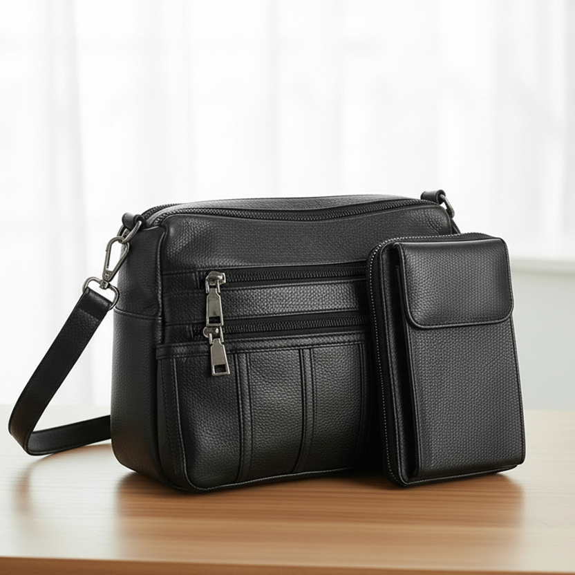Vorteilsset Damen-Lederhandtasche & Handytasche Midnight Black