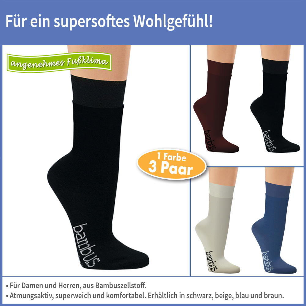 Bambus-Socken 3 Paar, schwarz, 43-46